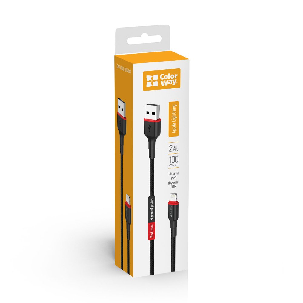 Kábel Colorway USB - Apple Lightning (nylon - piros head) 2.4А 1m fekete
