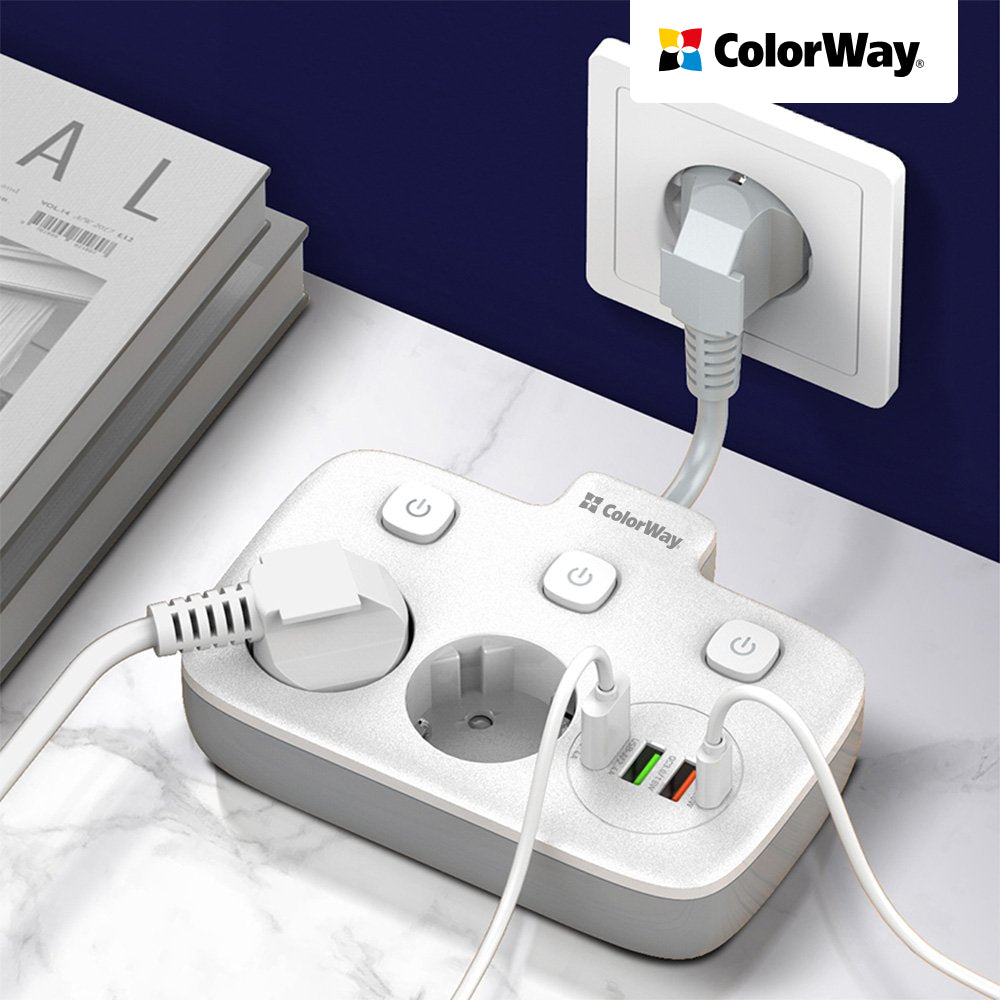 ColorWay Power soсket СolorWay 2x220V/3xUSB-A/1xUSB-C fehér