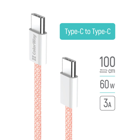 Kábel Colorway Type-C - Type-C (braided cotton) (PD Fast Charging 60W) 3.0А 1м rózsaszín