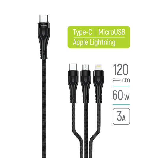 Kábel Colorway Type-C - 3in1 (Lightning+MicroUSB+Type-C) 3.0A (PD60W data) 1.2 fekete