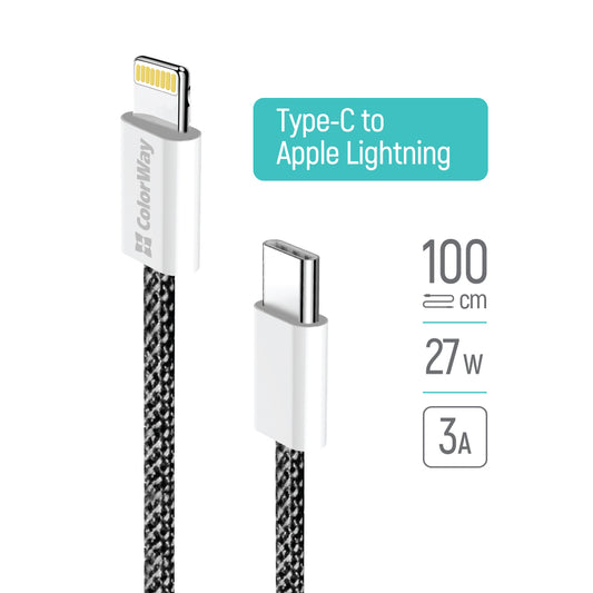 Kábel Colorway Type-C - Apple Lightning (braided cotton) (PD 27W) 1м fekete