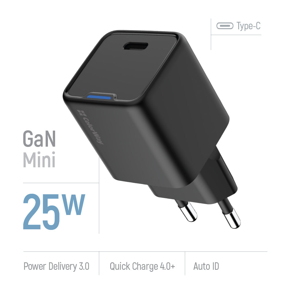 Hálózati töltő ColorWay GaN Mini 25W PD Port PPS USB-C fekete