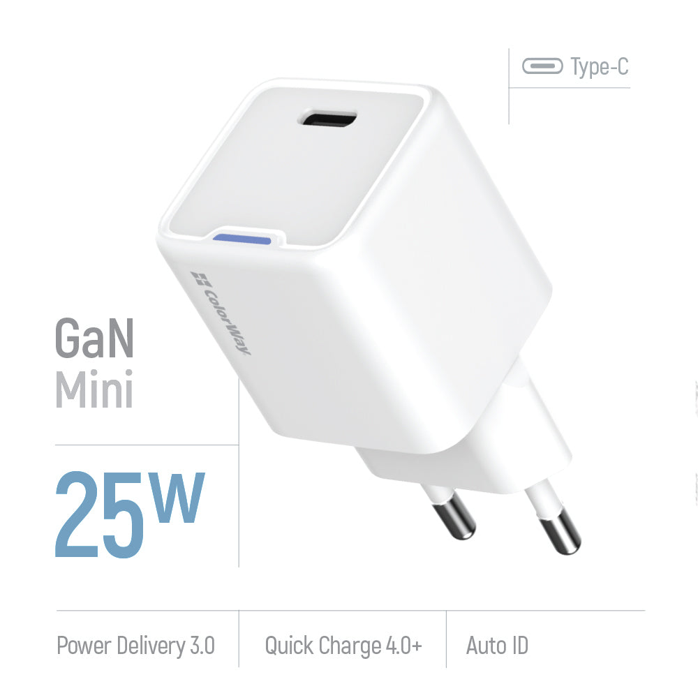 Hálózati töltő ColorWay GaN Mini 25W PD Port PPS USB-C fehér