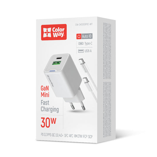 Hálózati töltő ColorWay GaN Mini 30W PD Port PPS USB (Type-C PD + USB QC4.0) Kábel Type-C