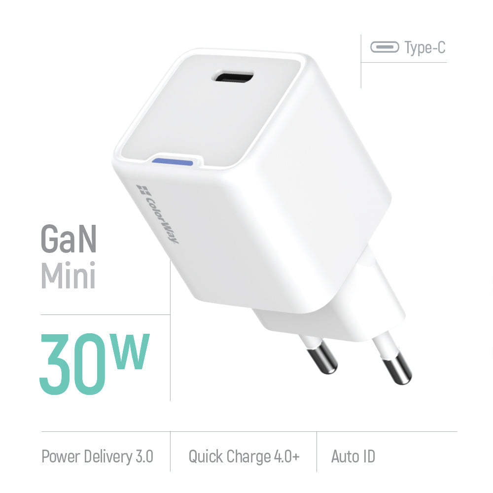 Hálózati töltő ColorWay GaN Mini 30W PD Port PPS USB-C fehér