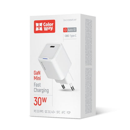 Hálózati töltő ColorWay GaN Mini 30W PD Port PPS USB-C fehér