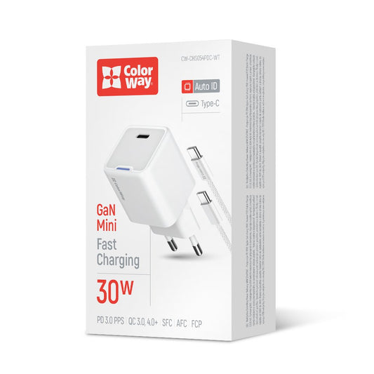 Hálózati töltő ColorWay GaN Mini 30W PD Port PPS USB-C fehér + Kábel Type-C