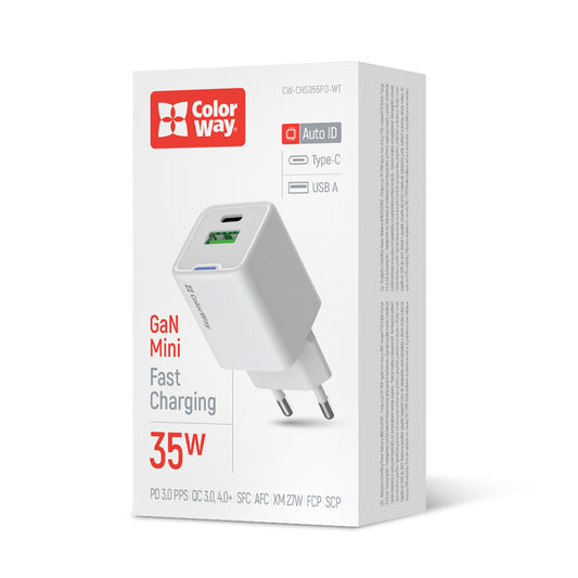 Hálózati töltő ColorWay GaN Mini 35W PD Port PPS USB (Type-C PD + USB QC4.0) fehér