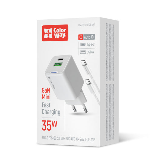 Hálózati töltő ColorWay GaN Mini 35W PD Port PPS USB (Type-C PD + USB QC4.0) Kábel Type-C