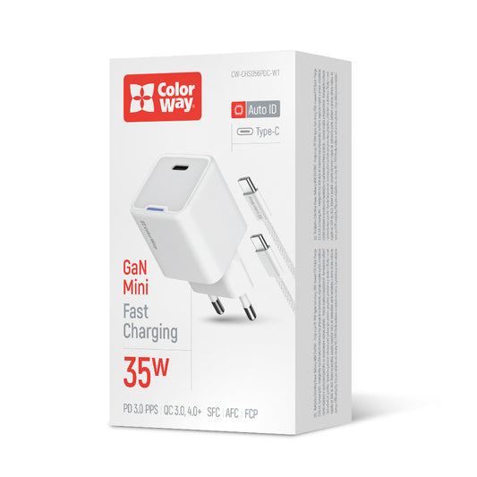 Hálózati töltő ColorWay GaN Mini 35W PD Port PPS USB-C fehér Kábel Type-C