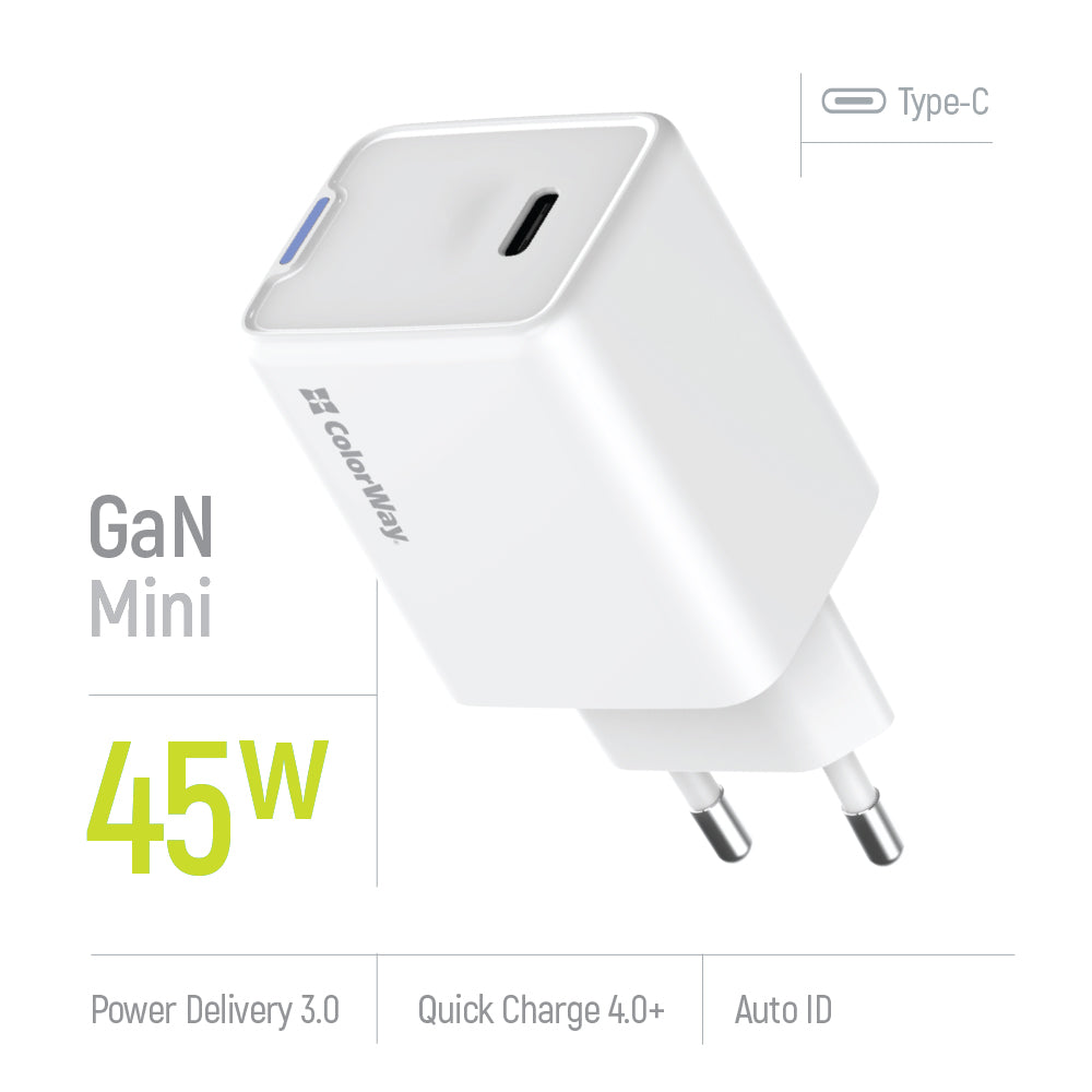 Hálózati töltő ColorWay GaN Mini 45W PD Port PPS USB-C fehér