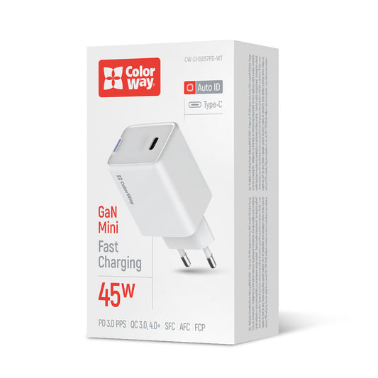 Hálózati töltő ColorWay GaN Mini 45W PD Port PPS USB-C fehér