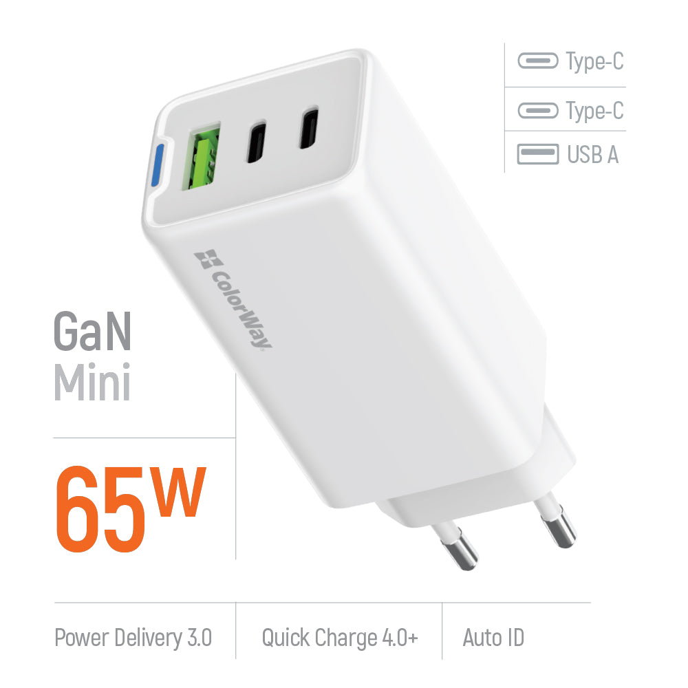 Hálózati töltő ColorWay GaN Mini 65W PD Port PPS USB (USB-2C1A) fehér
