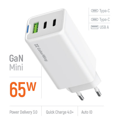Hálózati töltő ColorWay GaN Mini 65W PD Port PPS USB (USB-2C1A) fehér