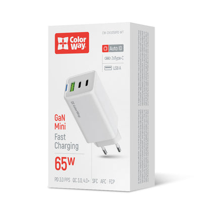 Hálózati töltő ColorWay GaN Mini 65W PD Port PPS USB (USB-2C1A) fehér