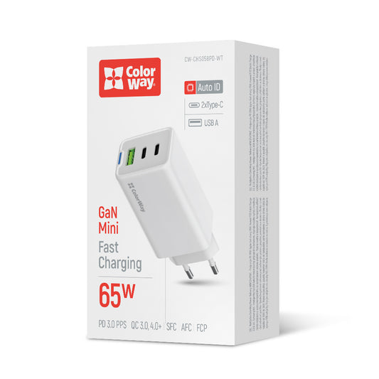 Hálózati töltő ColorWay GaN Mini 65W PD Port PPS USB (USB-2C1A) fehér