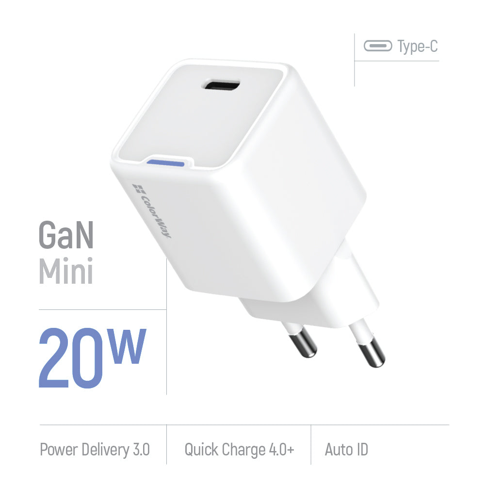 Hálózati töltő ColorWay GaN Mini 20W PD Port PPS USB-C fehér