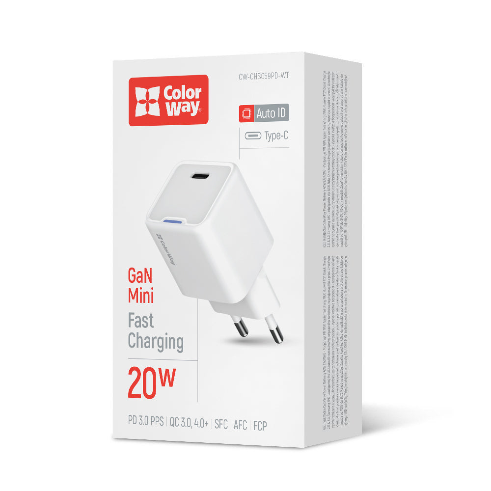 Hálózati töltő ColorWay GaN Mini 20W PD Port PPS USB-C fehér