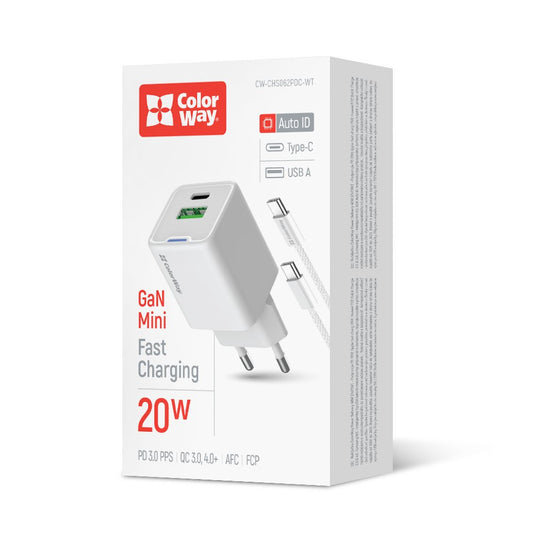 Hálózati töltő ColorWay GaN Mini 20W PD Port PPS USB (Type-C PD + USB QC4.0) Kábel Type-C