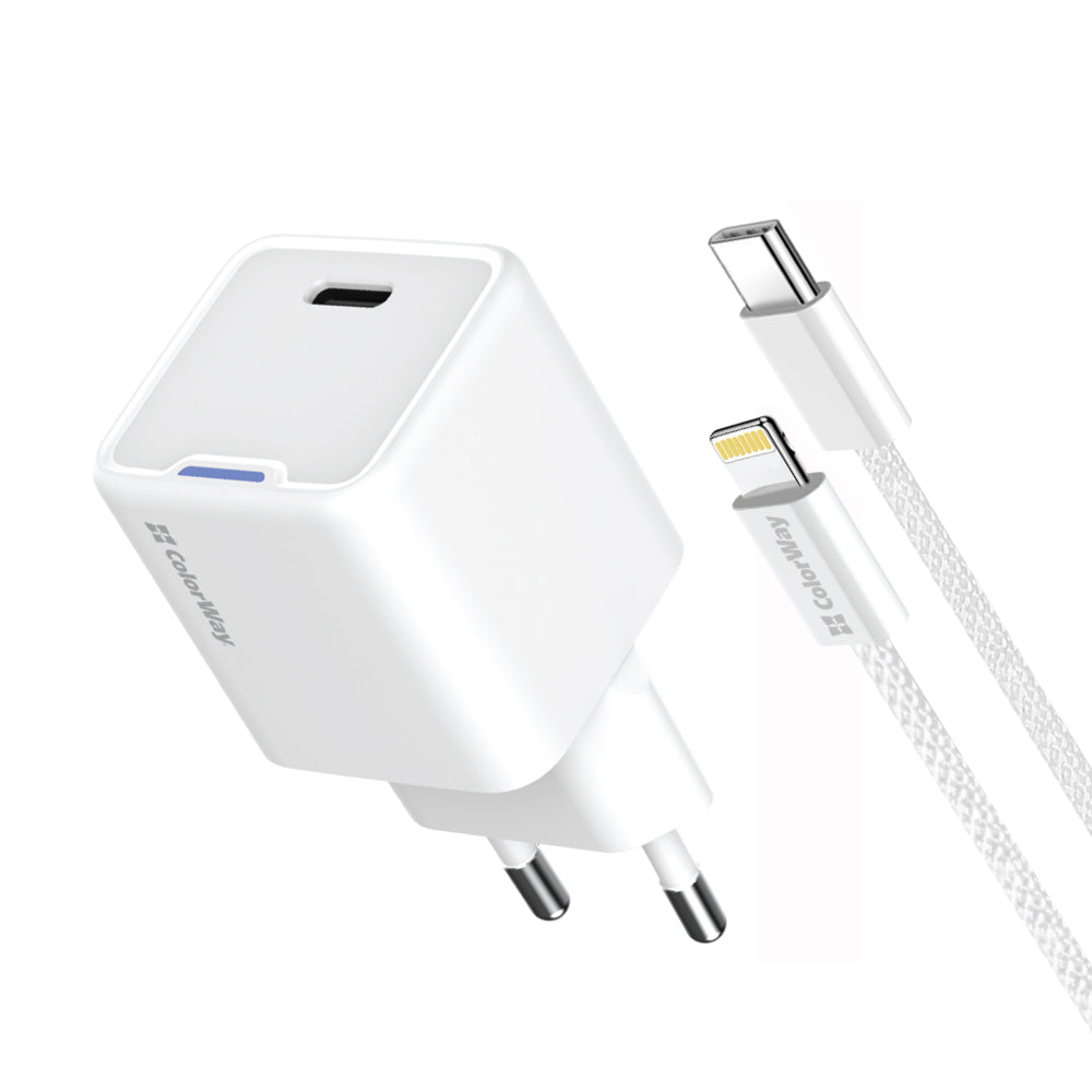 Hálózati töltő ColorWay GaN Mini 20W PD Port PPS USB-C fehér Kábel Lightning