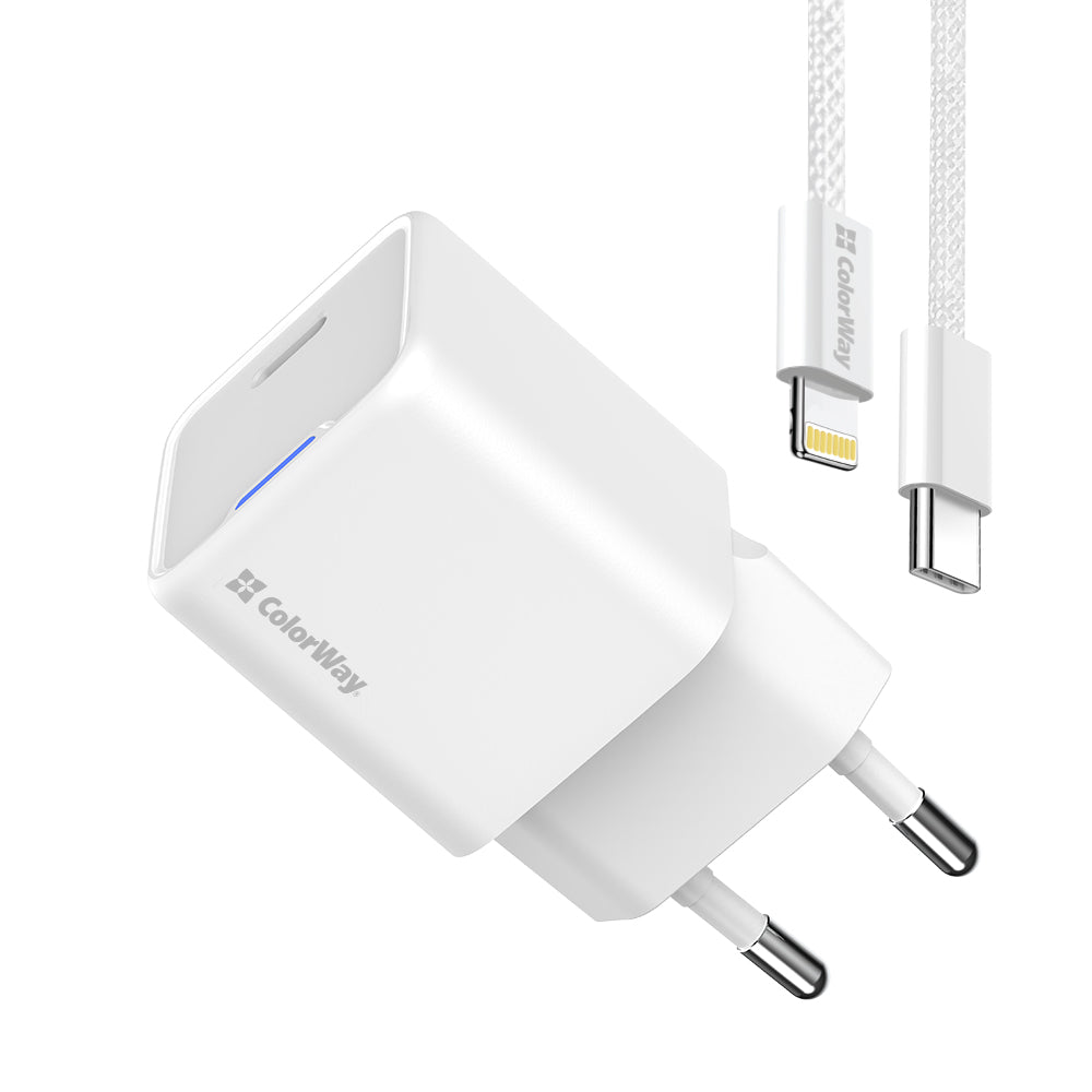 Hálózati töltő ColorWay GaN Mini 20W PD Port PPS USB-C fehér Kábel Lightning