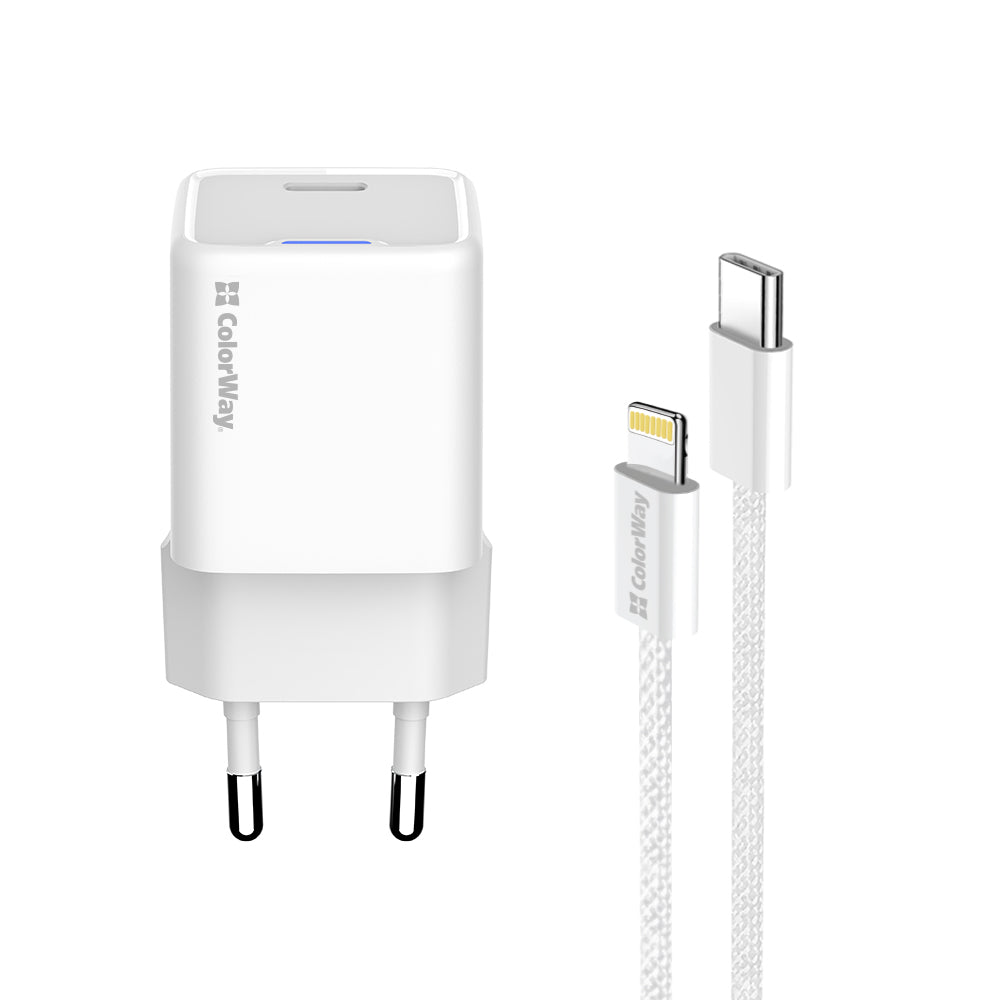 Hálózati töltő ColorWay GaN Mini 20W PD Port PPS USB-C fehér Kábel Lightning