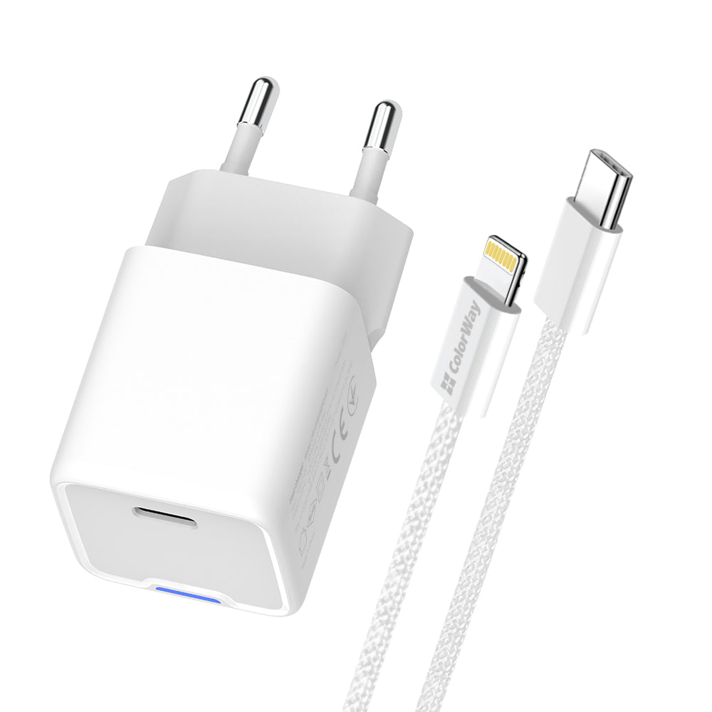 Hálózati töltő ColorWay GaN Mini 20W PD Port PPS USB-C fehér Kábel Lightning