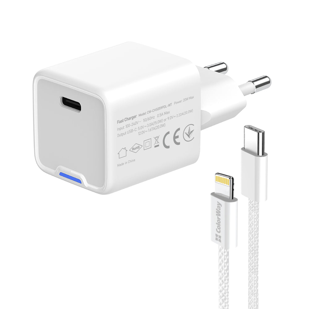 Hálózati töltő ColorWay GaN Mini 20W PD Port PPS USB-C fehér Kábel Lightning