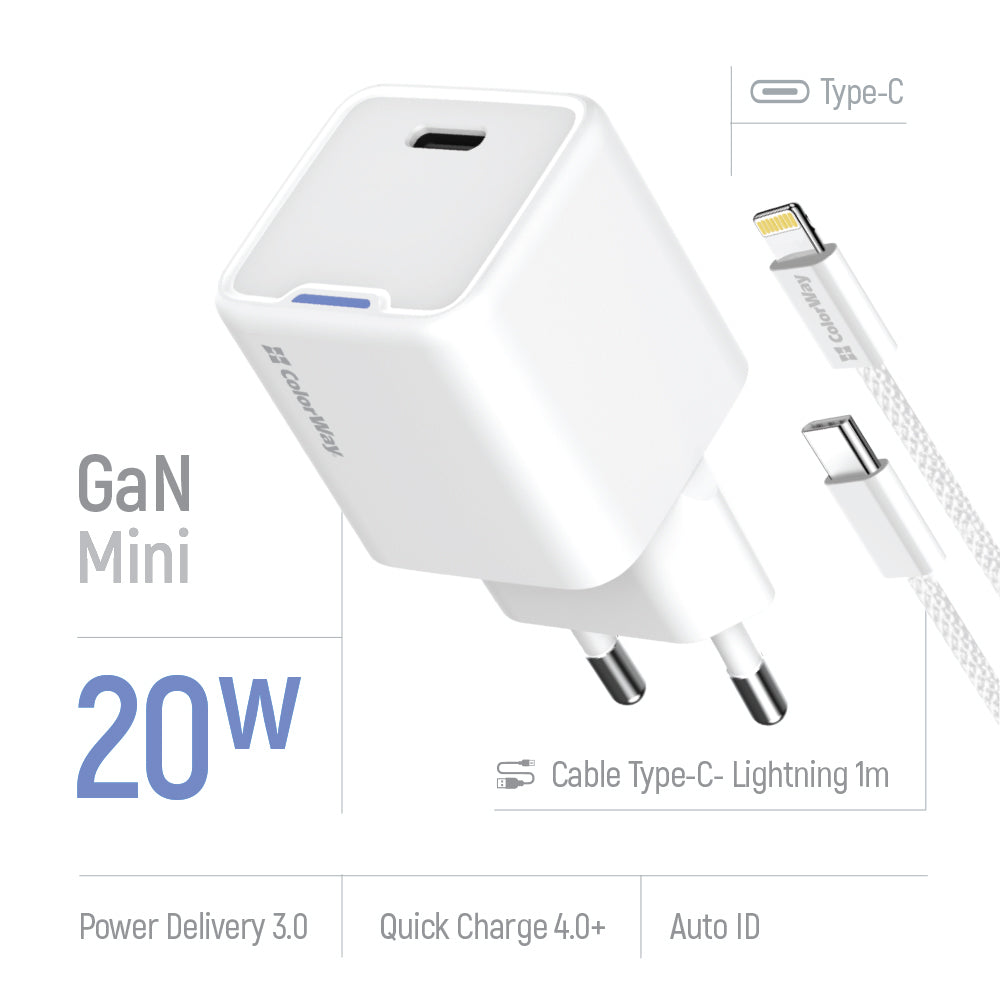Hálózati töltő ColorWay GaN Mini 20W PD Port PPS USB-C fehér Kábel Lightning