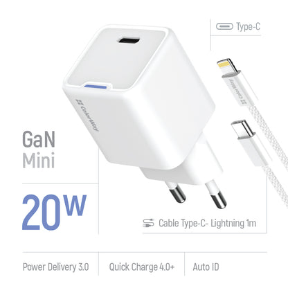 Hálózati töltő ColorWay GaN Mini 20W PD Port PPS USB-C fehér Kábel Lightning