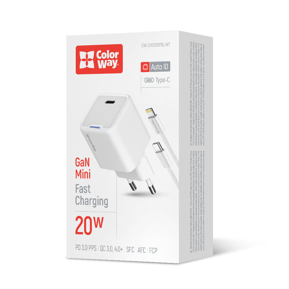Hálózati töltő ColorWay GaN Mini 20W PD Port PPS USB-C fehér Kábel Lightning
