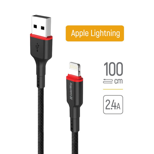 Kábel Colorway USB - Apple Lightning (nylon - piros head) 2.4А 1m fekete