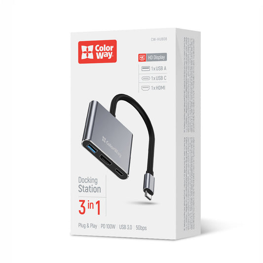 USB hub (docking station) ColorWay USB-C 3-в-1 Type C PD 100W/USB3.0/HDMI 4К