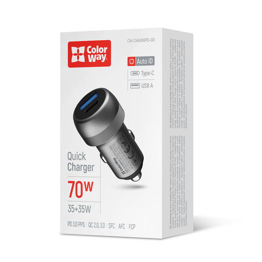 Autós töltő ColorWay 2USB (Type-C PD35W + USB QC3.0 35W) (70W) szürke