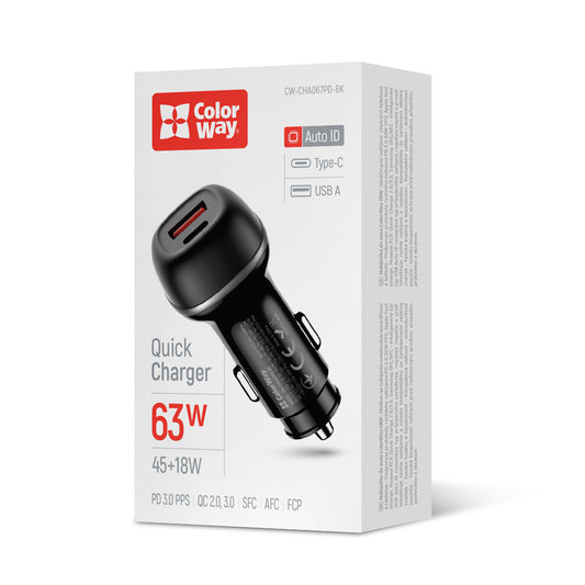 Autós töltő ColorWay 2USB (Type-C PD45W + USB QC3.0 18W) (63W) fekete