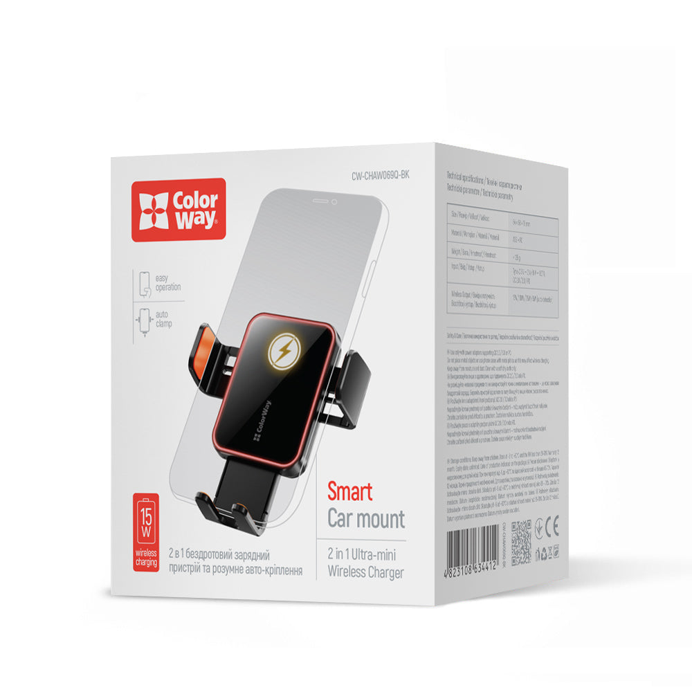 ColorWay Ultra-mini Wireless Autós töltő with Auto-CLámpa 15W fekete