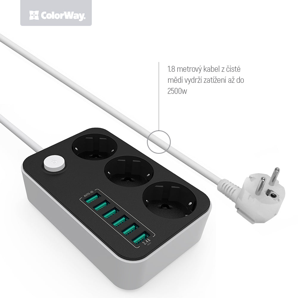 ColorWay Konnektor СolorWay 3 euro sockets/6 USB fekete CW-CHE36B