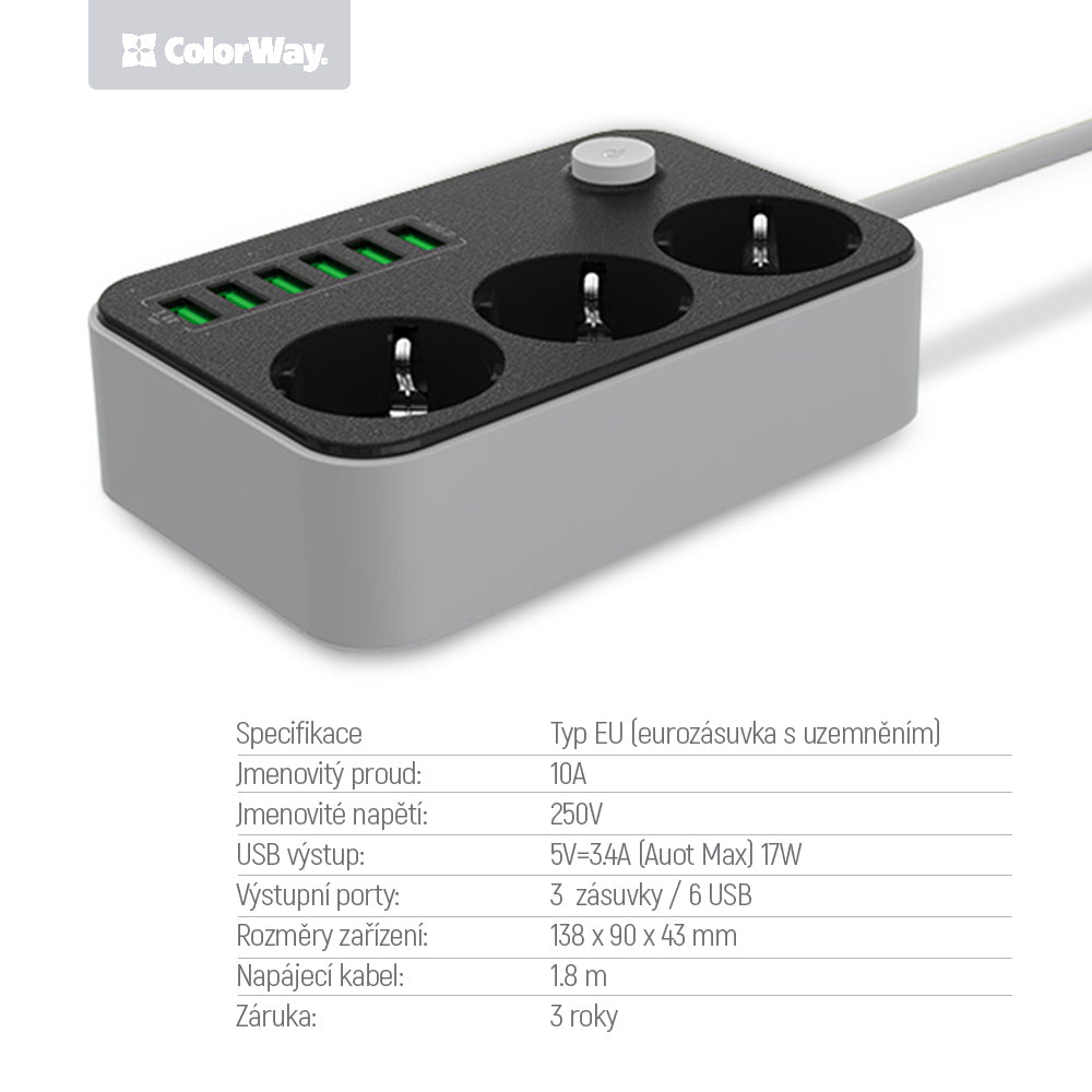 ColorWay Konnektor СolorWay 3 euro sockets/6 USB fekete CW-CHE36B