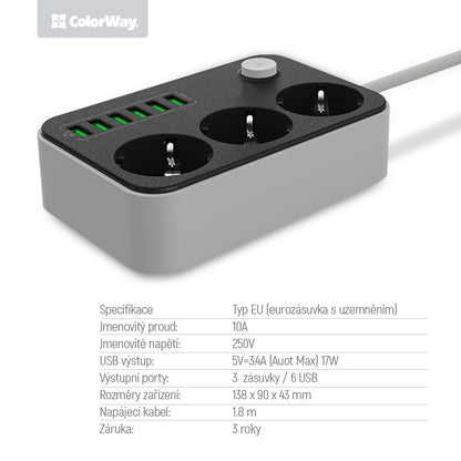 ColorWay Konnektor СolorWay 3 euro sockets/6 USB fekete CW-CHE36B