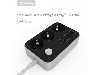 ColorWay Konnektor СolorWay 3 euro sockets/6 USB fekete CW-CHE36B