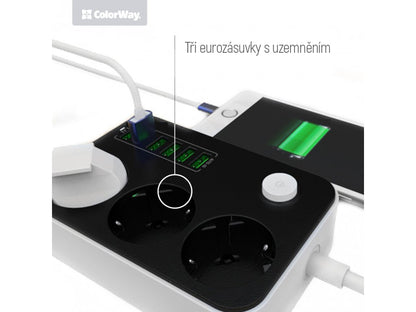 ColorWay Konnektor СolorWay 3 euro sockets/6 USB fekete CW-CHE36B