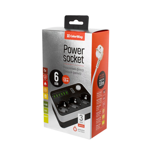 ColorWay Konnektor СolorWay 3 euro sockets/6 USB fekete CW-CHE36B