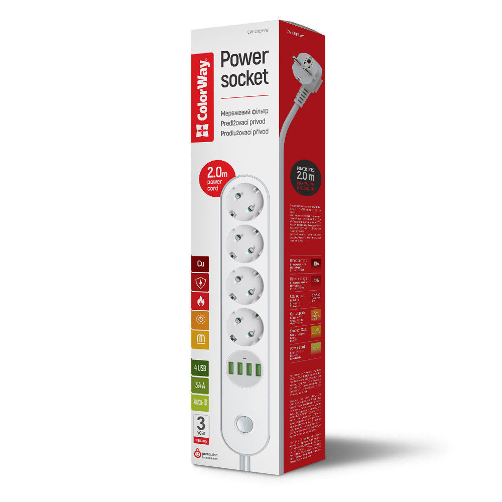 Konnektor ColorWay 4 euro sockets/4 USB fehér CW-CHE44W