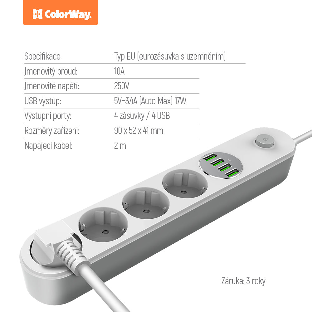 Konnektor ColorWay 4 euro sockets/4 USB fehér CW-CHE44W