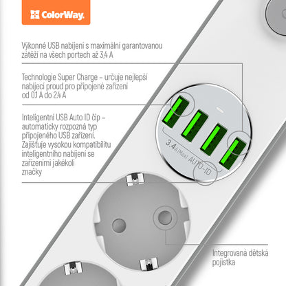 Konnektor ColorWay 4 euro sockets/4 USB fehér CW-CHE44W