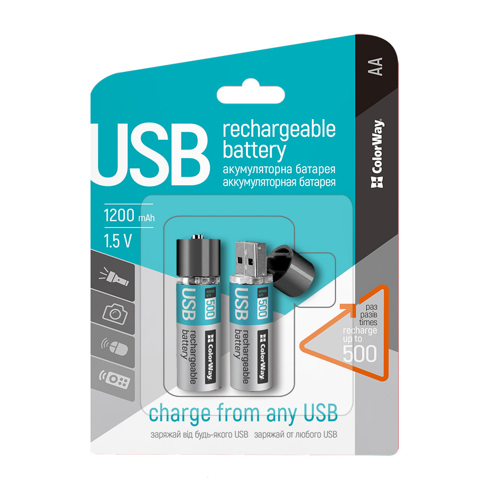 Rechargeable Battery ColorWay AA USB 1200 mAh 1.5V (2pcs.)