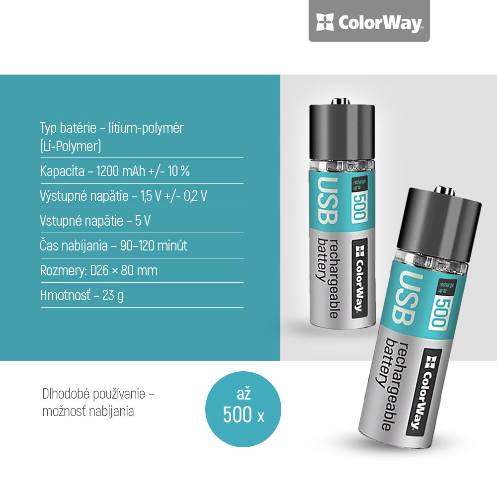 Rechargeable Battery ColorWay AA USB 1200 mAh 1.5V (2pcs.)