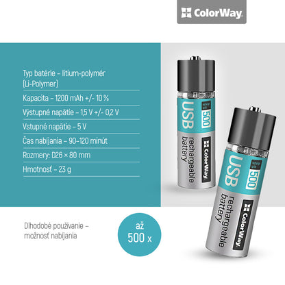 Rechargeable Battery ColorWay AA USB 1200 mAh 1.5V (2pcs.)