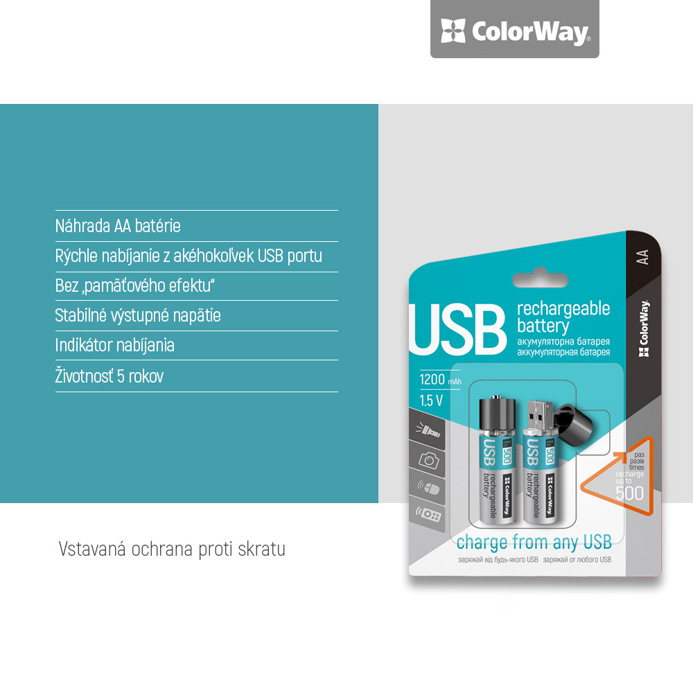 Rechargeable Battery ColorWay AA USB 1200 mAh 1.5V (2pcs.)