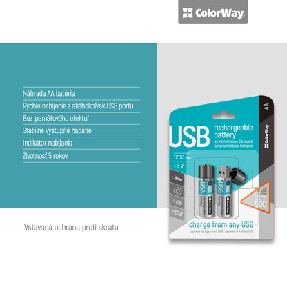 Rechargeable Battery ColorWay AA USB 1200 mAh 1.5V (2pcs.)
